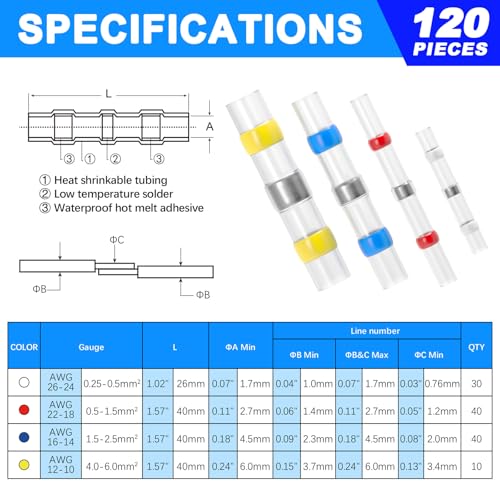 120PCS Sanuke Heat Shrink Butt Connectors Kit - Waterproof Insulated Wire Connectors for Marine, Automotive, and Truck Use