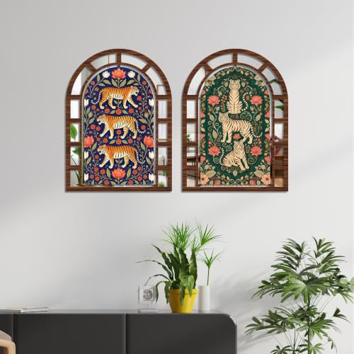 Image of Artvibes Nature-Inspired Tiger & Floral Theme Home Decoration | Jharokha Mirror Wall Hanging for Living Room, Hall, Bedroom, Dining Room & Entrance | Gift (WHJ 12048N), Set of 2