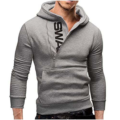 BingYELH Men's Hoodie Sweatshirt, Fall Winter Oblique Zipper Long Sleeve Color Splicing Jacket Pollover Coat Outwear Gray