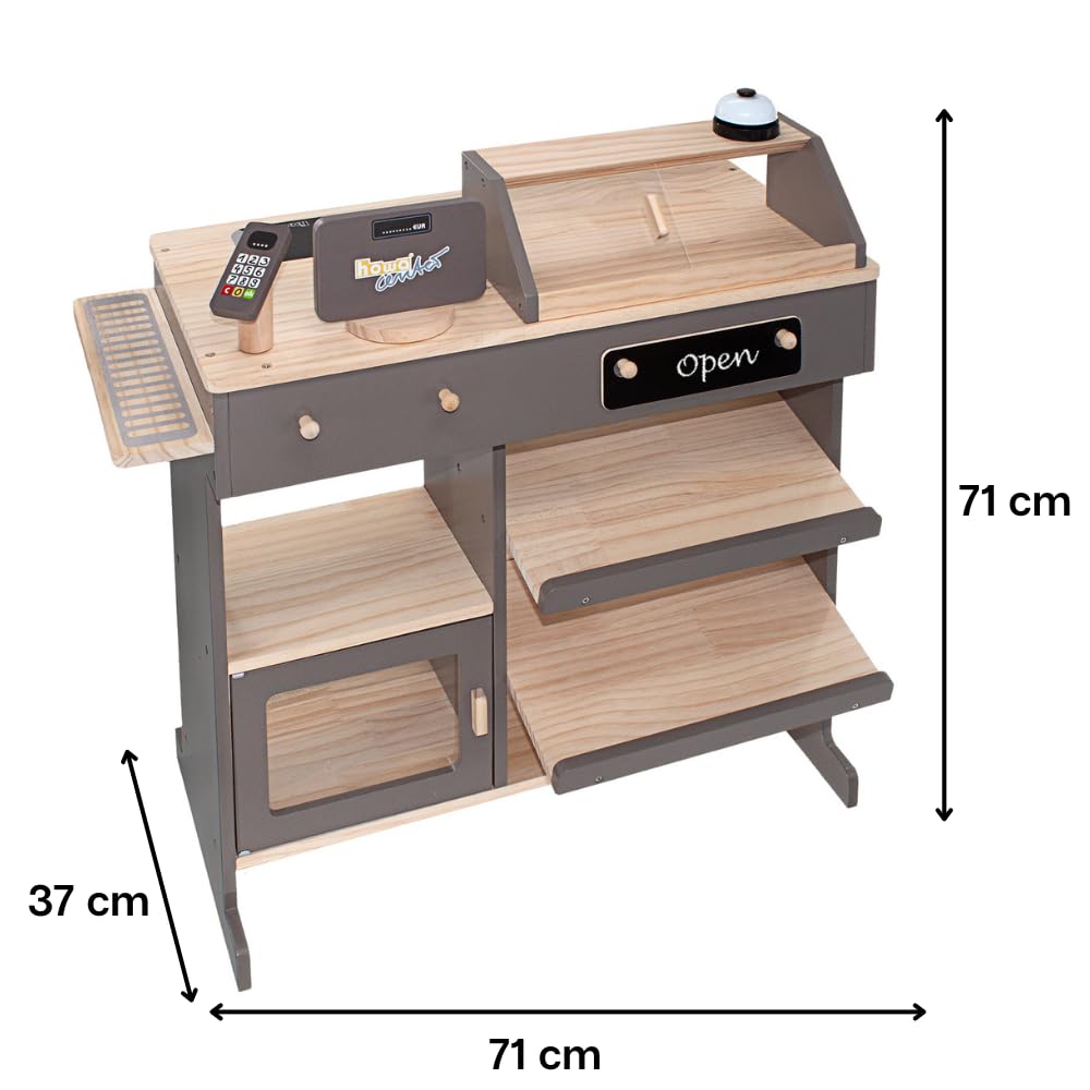 howa Kaufladen Kaufmannsladen aus Holz Kinderkaufladen mit Spielkasse 4755 | Holzspielzeug Kaufladenspielzeug mit Spielkasse und Spielzeugkartenleser, Tafel für Kreide, Vitrine, Klingel natur / taupe