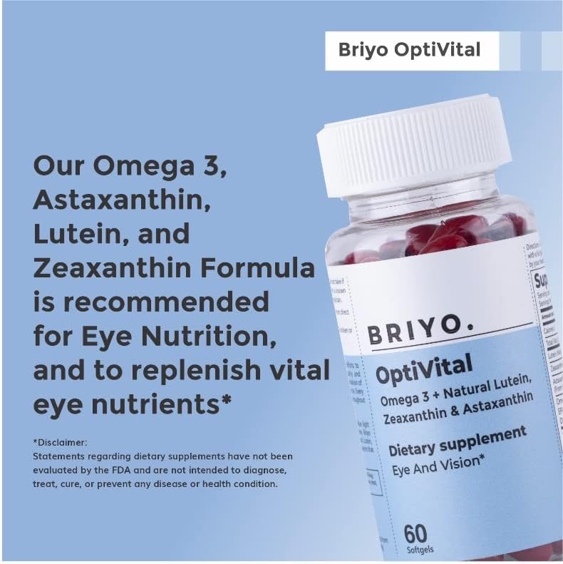 Miniatura 7 de Briyo Optivital Suplemento para la salud ocular con luteína, zeaxantina, astaxantina y omega 3  Apoya la claridad visual, alivio de la fatiga de la