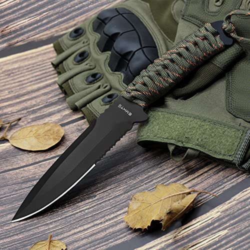 Emhtiii Camping Fixed-Blade Survival Knife - 9In Full Tang Outdoor Knives, 5In Blade With Serrated Edge And Rope Handle, Black #TOP1