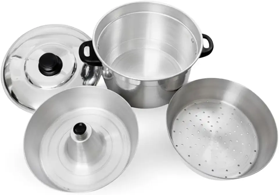 Panela Multifuncional 3 em 1, Alumínio Polido, 2,5L, Conjunto com Forma para Banho-Maria, Cesto Vapor e Panela Principal, Ideal para Pudins, Legumes e Receitas do Dia a Dia