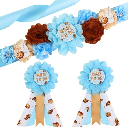 Image of Milk and Cookie Baby Shower Maternity Sash Kit, Chocolate Chip Gender Reveal Belly Belt and Mom to Be Dad to Be Corsage Pins, New Parents Pregnancy Photo Props Party Supplies