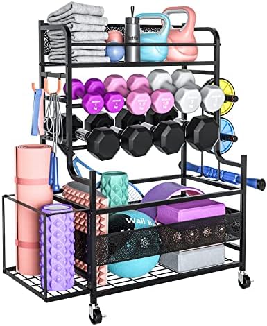 MESHDO Weight Rack for Dumbbells, Adjustable Dumbbell Rack Weight Stand, Home Gym Storage Rack for Yoga Mat Dumbbells Kettlebells and Balls, All in One Workout Equipment Organizer with Wheels, Leveling feet and Hooks