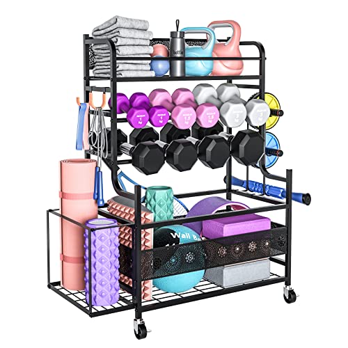 Meshdo Weight Rack For Dumbbells, Adjustable Dumbbell Rack Weight Stand, Home Gym Storage Rack For Yoga Mat Dumbbells Kettlebells And Balls, All In One Workout Equipment Organizer With Wheels, Leveling Feet And Hooks #TOP2