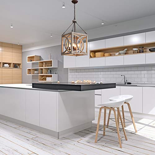 Farmhouse 4-Light Wood Chandelier Rustic Kitchen Pendant Light Fixture Square Wooden Chandeliers Ceiling Hanging Lighting for Dining Room, Island, Foyer,Entryway, Hallway,Bedrooms - Image 4