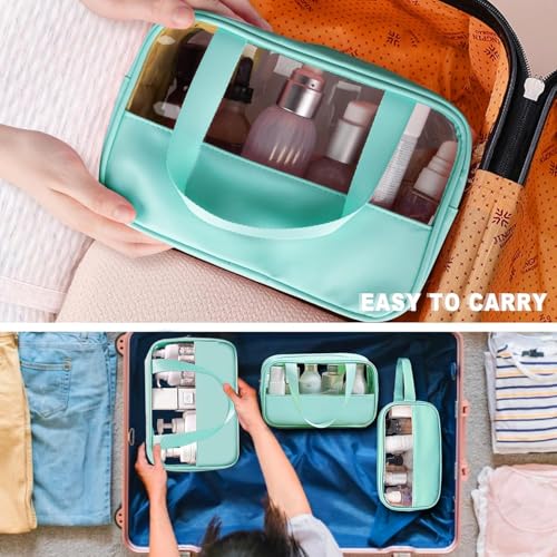Image of KBS Toiletry Kit Cosmetic Makeup Storage Organizer Clear Styilish Wash Bag Pouch Set of 3 for Travel Luggage Transparent with Metal Zipper Gift for Men Women Girls (Cyan)