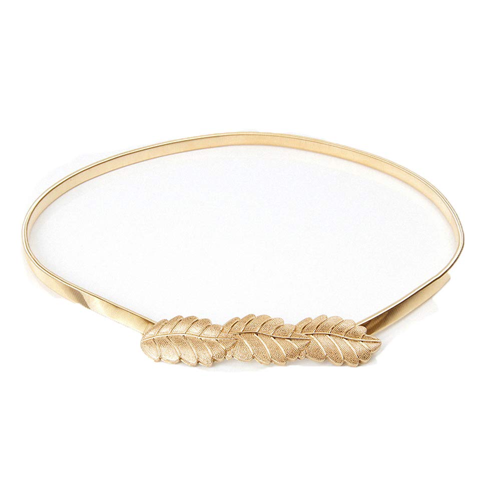 Ulalaza Women's Tri Leaf Skinny Leather Belt For Adjustable Elastic Thin Cinch Waist Alloy Buckle For Wedding Dress Decoration Golden