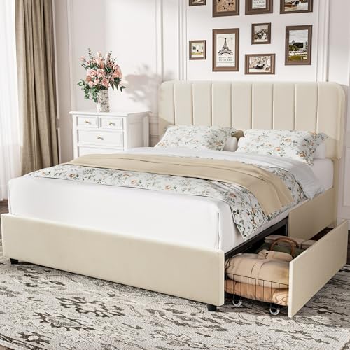 VECELO Lit Double Rembourré 140 x 190 cm avec 4 Tiroirs et Tête de Lit Réglable, Cadre de Lit en Velours, Support à Lattes en Bois Solide, Facile à Assembler, Beige