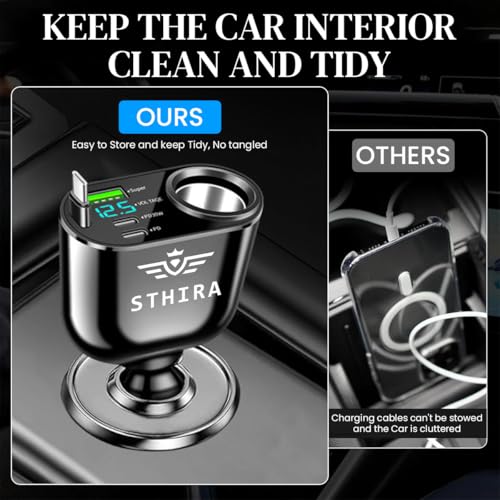 Image of 5 in 1 Car Cigarette Lighter Splitter with Retractable USB C Charging Cable, LCD Real Time Voltage Display, Dual PD 30W Type C Ports, USB A Port Universal 12V /24V Car Cigarette Lighter Charger