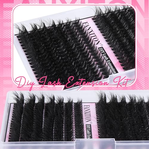 Image of FANXITON Lash Clusters with Lash Bond and Seal Sweatproof, 10-18 mm D Volume Lash Extension Kit 280 pcs Individual Lashes Lash Clusters Kit and Tweezers Thick DIY Eyelash Extension Kit