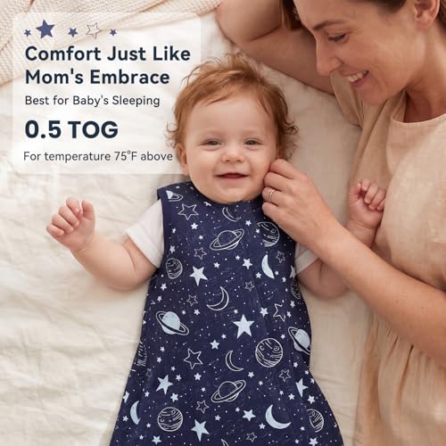 Image of Baby Sleep Sack 0-6 Months 0.5 Tog Baby Wearable Blanket 100% Cotton Sleeping Sack with 2-Way Zipper for Newborn Infant Dark Blue Planet