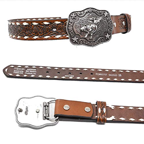 Nocona Boots Boys' 1-1/4" Bull Rider Floral Embossed Leather Western Belt Buckle, Tan, 282