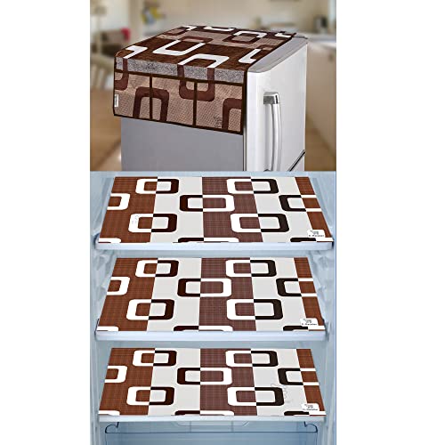 Image of Set of 1 Pc Fridge Top Cover with 6 Utility Pockets and 3 Pc Fridge Mats (Brown, Set of 4)