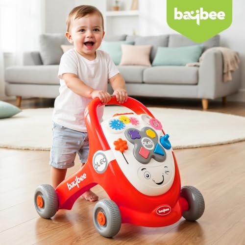 Image of Baybee Oleo Baby Walker for 6-18 Months | Activity Push Walker with Music & LED Lights | Stable Wheels, Easy Grip Handle | Educational Walker for Boys & Girls 0-2 Years (Red)