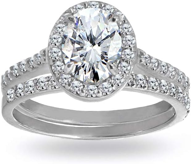 Hoops & Loops 925 Sterling Silver Cubic Zirconia Oval-cut Halo Bridal Wedding Band Engagement Ring 2Pcs Set for Women, Sizes 4-10