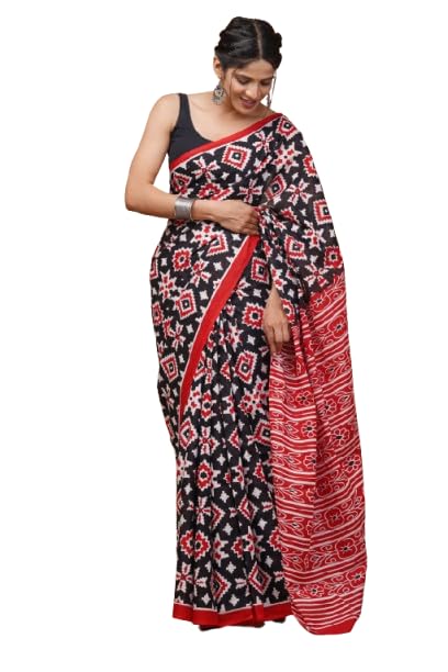 Women's Cotton Mulmul Hand Block Printed Saree with Unstitched Blouse Piece-image-1