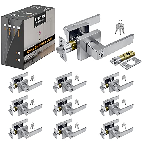 Get Special Price [10 Pack] BESTTEN Monaco Contemporary Square Entry Door Handle, Keyed Different Heavy Duty Entrance Door Lever with Removable Latch Plate, All Metal, for Commercial and Residential Use, Satin Chrome