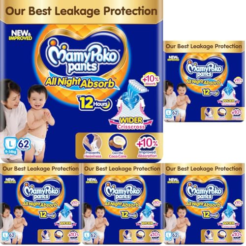 Image of New Mamypoko Pants Premium All Night Absorb| Pant Style Baby Diapers Large Size(L), 62 Count, Ideal for 9-14Kgs|1 Diaper: Upto All Night Absorption now with 10% increased power|Wider Crisscross Sheet|Gentle Coco Care| 12hr Leakage Protection| Prevents Heaviness.