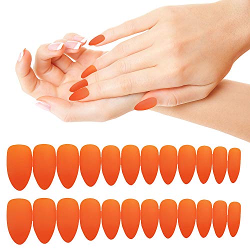 24Pcs False Nails Full Cover Coffin Acrylic Fake Nails Party Prom Clip on Nail for Women and Girls (Orange)