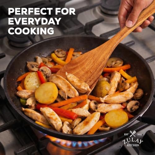 Image of Zulay Kitchen Extra-Large 6-Piece Wooden Spoon Set - Smooth Teak Cooking Utensils - Comfort-Grip Non-Stick Turner, Spatula, Skimmer, Fork, Serving Spoon