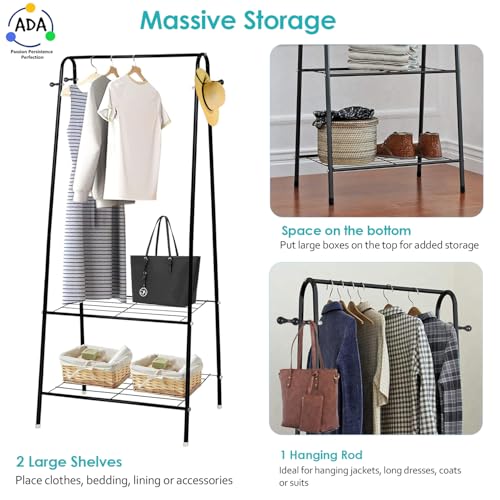 Image of ADA Premium Metal Heavy Duty Drizzle Garment Rack with 10 Side Hooks, Multifunctional 2 Lower Shelves Clothe Rail - Black (84 x 31 x 140cm)