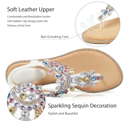 Image of iCKER Women Flat Thong Sandals Rhinestone Sparkly Boho Elastic Ankle Strap | Non‑slip TPR Outsole,Matches Summer Dresses,Ideal for Vacation,Wedding and festival