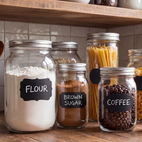 465-Chalkboard-Labels-for-Jars-and-Containers-with-2-White-Chalk-Markers-Waterproof-Reusable-Labels-In-Assorted-Sizes-And-Shapes-Sticks-To-Glass-Plastic-Metal-Wood-And-Ceramic