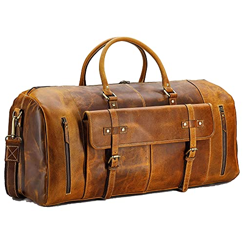 KomalC 24 Inch Leather Duffel Bags for Men and Women Full Grain Leather Travel Overnight Weekend Leather Bags Sports Gym Duffel for Men