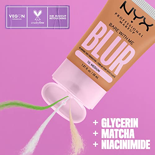 NYX Professional Makeup Fond de Teint Effet Flouté Bare With Me Blur Couvrance Moyenne Fini Naturel Niacinamide Matcha & Glycérine Hydratation Jusqu'A 12H Teinte : Medium 10 - vue 2