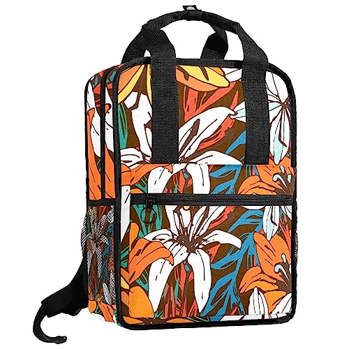 Sac à dos fleurs de lys finitions soignées design blanc et orange géométrique 14 pouces