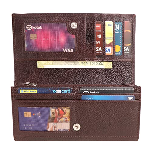 Image of Clutch /Wallet for Women's Black Leather | Zipper Pocket /Card Holder with Magnetic Button Closure Ladies Purse Bifold Hand Wallet Money Purse Daily Use (3805-BLK) (Brown)