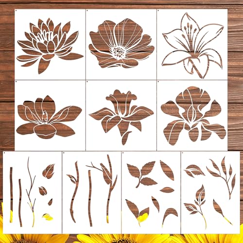 Eiapadeor Large Flower Stencils for Painting - Giant Floral Stencils for Wood Walls Fence Fabric Painting Lily Lotus Flower (10 pcs)