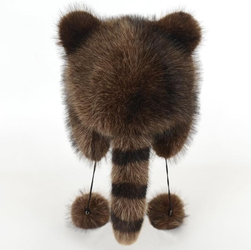 Adorable Artificial Fur Raccoon Tail Children's Plush hat, Cute and Adorable Raccoon Lady Winter Warm Ear Protection Boys' and Girls' Universal Plush Protective hat Brown