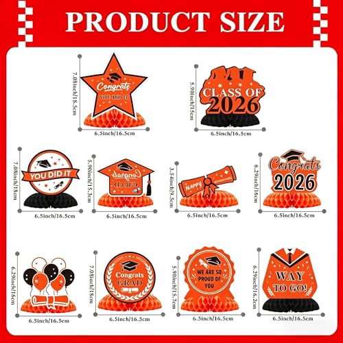 Image of Graduation Decorations 2026, 10PCS Graduation Centerpieces for Table Orange Black Graduation Party Decorations Class of 2026 Congrats Grad Honeycomb Centerpieces Table Decor Graduation Party Supplies