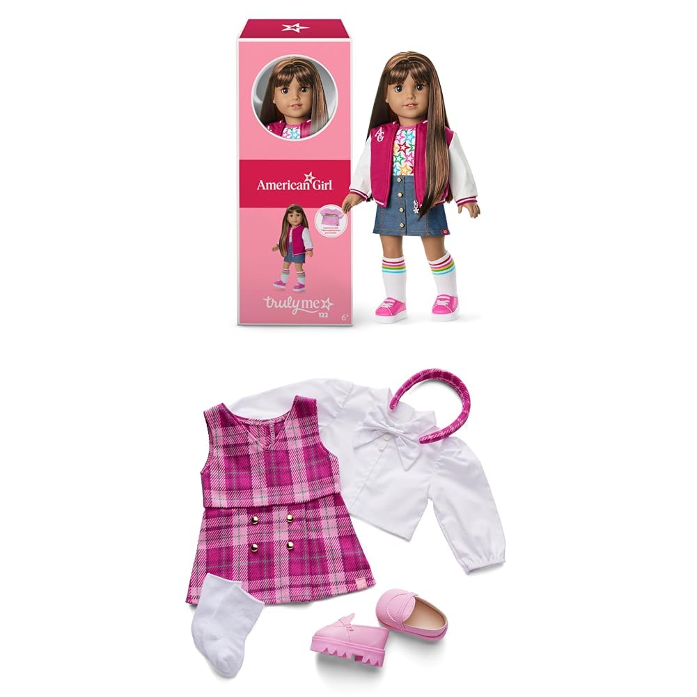 Bundle of American Girl, Truly Me 18-inch Doll #122 with Brown Eyes, Straight Dark-Brown Hair, Tan Skin, for Ages 6+ + Truly Me 18-inch Doll Outfit, Pink &amp; Preppy Outfit, for Ages 6+
