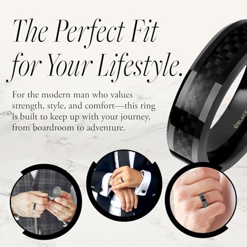 Thorsten Mens Black Titanium Carbon Fiber Ring | Inlaid, Beveled Comfort Fit | Carbon Fiber Titanium Band for Men | Durable, Sleek | OXYN | 6mm & 8mm Wide | Stylish, Available in Multiple Size4