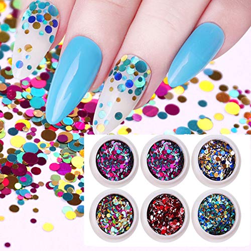 6 Boxes Flakes Nail Art Glitter 3D Holographic Nail Sequins Nail Art Laser Sparkle Paillette Round Shape Confetti Colorful Nail Stickers for Acrylic Nails Women Kids Manicure Tip Nail Charm Supply