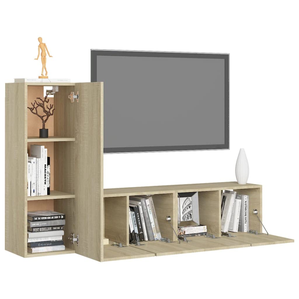 3-TLG. TV-Schrank-Set Sonoma-Eiche Holzwerkstoff, Wandmontage, Modernes Media-Center für Wohnzimmer, Schlafzimmer, Viel Stauraum, Einfache Reinigung