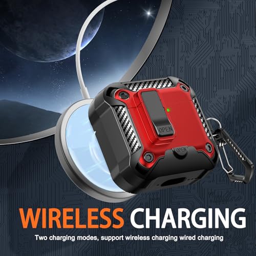 Image of for AirPods 4 Case with Lock & Phone Stand(Red) | Automatic Snap Switch Lock,Carbon Fiber Texture Design Cover with Cleaner Kit