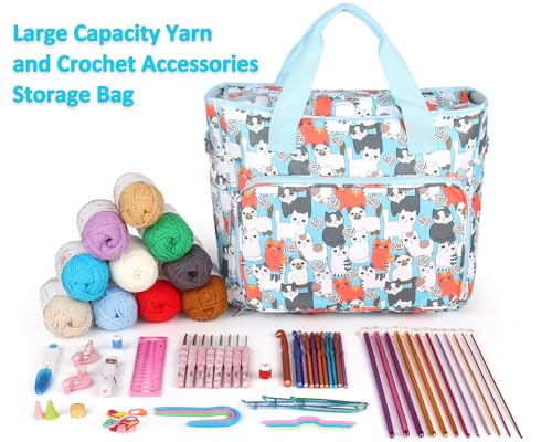 aeelike yarn storage organizer travel crochet bag large capacity tote bag knitting bag for carrying projects knitting needles crochet hooks and yarn cute blue cat