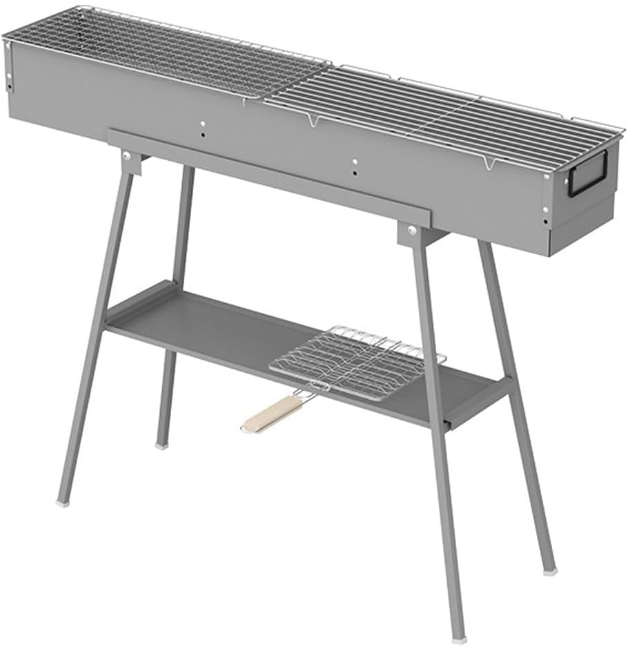ALSTON Portable Charcoal Grill Rectangular Folding Stainless Steel BBQ Grill L100xW18cm For Skewer and Kebabs with Storage Shelf Outdoor Camping Patio Cooking