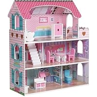 Wooden Play Doll House With Accessories & Furniture Role Play Doll House 4 Designs Christmas, Birthday Girls Gift (Design 1)