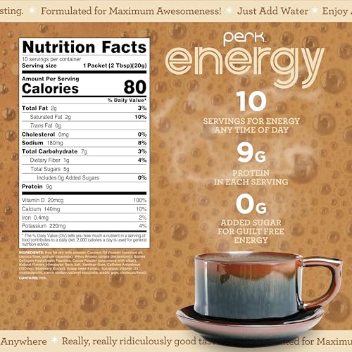 Image of Perk Energy Drink Mix (Tan Mocha Latte) 10 Stick Packs, Gluten-Free | Caffeinated Healthy Coffee Alternative with Protein, 100mg of Caffeine, Soy-Free, Peanut-Free