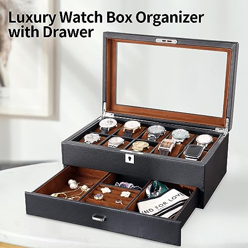 Image of 10-Slot Watch Box With Valet Drawer, PU Leather Watch Display Case | Soft Microsuede Liner Guards Timepieces, Split Drawer Holds Cufflinks, Rings & Shades, Premium Mens Accessory Storage Gift