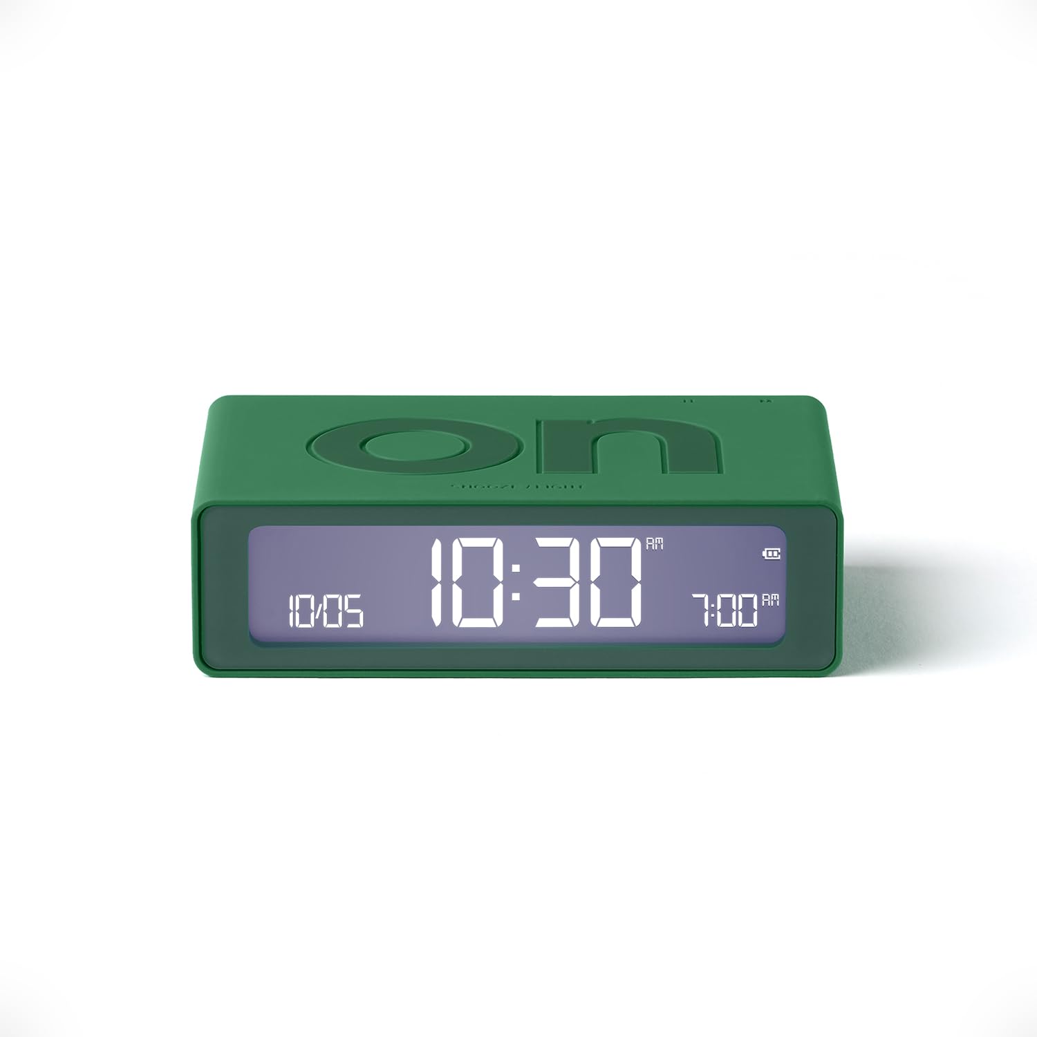 Lexon Flip Mini digital alarm clock, On Off LED clock with Adjustable Brightness, Rechargeable or Mains Powered, Sleek Retro Bedroom Decor Ideal for Alarm Clocks Bedside Use - Green