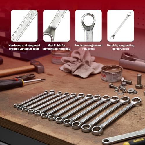 Image of DeNeers 13-12M 12 pc Ring Spanner set (6x7-30x32mm) used in a wide range tasks, from automotive maintenance to general mechanical work.Suitable for Professional, Industrial, Home and DIY use