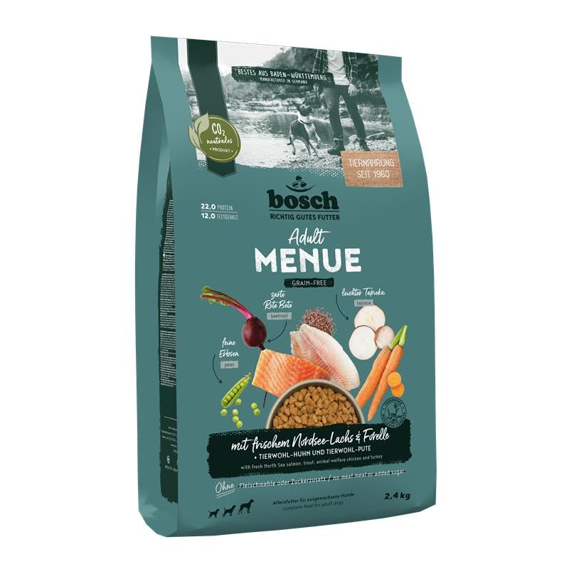 Bosch HPC MENUE Adult mit Nordsee-Lachs & Forelle getreidefrei| Hundetrockenfutter für ausgewachsene Hunde Aller Rassen | 1 x 2,4 kg