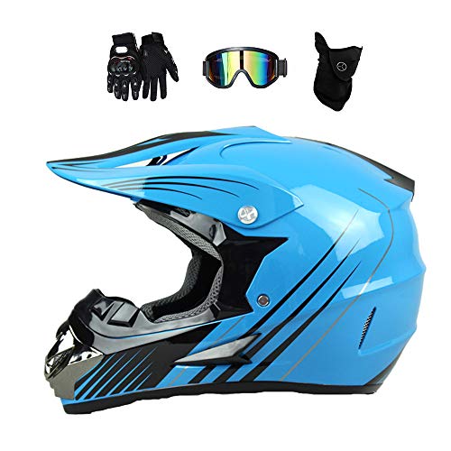MRDEAR Casque Motocross Bleu, Casque Moto Cross Enfant Set (Goggle/ Gants/ Masque, 4 Pcs) Casque VTT Integral BMX Moto Quad Enduro ATV Scooter pour Enfant Jeunesse,S